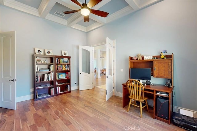 2483 Manhattan Bar Rd, Auburn, CA 95603 - office space with coffered ceiling, ceiling fan, wood finished floors, beamed ceiling, and french doors