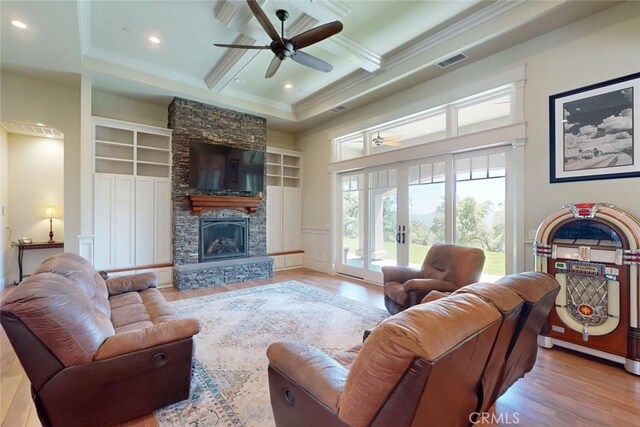 2483 Manhattan Bar Rd, Auburn, CA 95603 - living area featuring ceiling fan, wood finished floors, coffered ceiling, beamed ceiling, and french doors