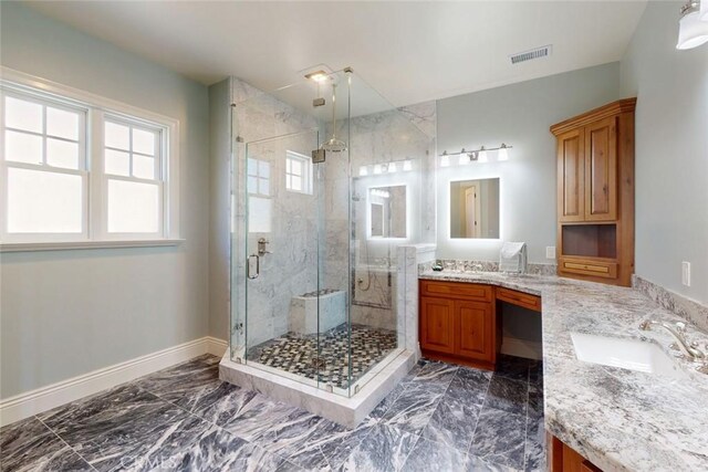2483 Manhattan Bar Rd, Auburn, CA 95603 - bathroom with a stall shower, vanity, marble finish flooring, and baseboards
