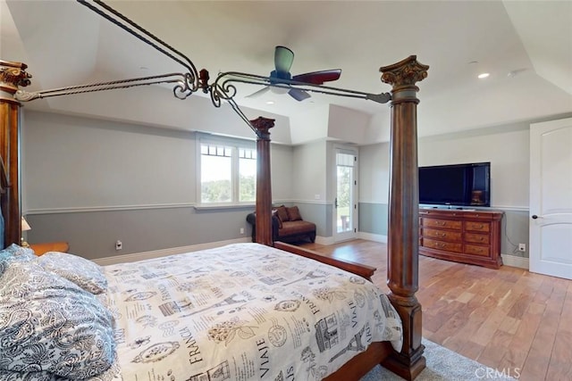 2483 Manhattan Bar Rd, Auburn, CA 95603 - bedroom with wood finished floors, recessed lighting, lofted ceiling, baseboards, and a ceiling fan