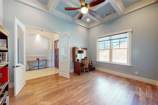 2483 Manhattan Bar Rd, Auburn, CA 95603 - office area featuring coffered ceiling, light wood-style floors, a ceiling fan, beam ceiling, and ornamental molding