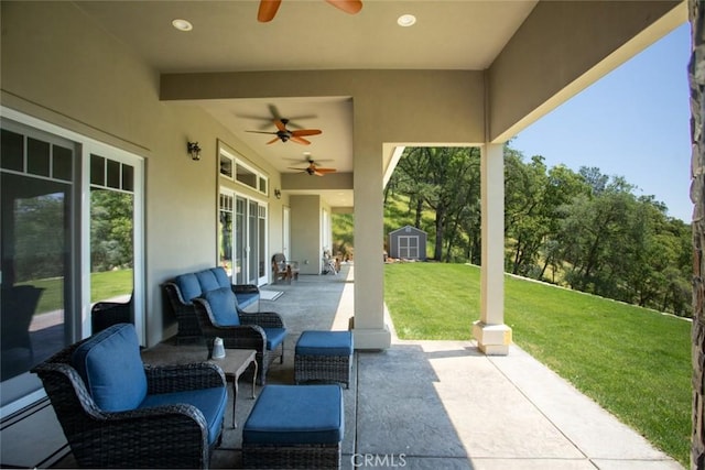 2483 Manhattan Bar Rd, Auburn, CA 95603 - view of patio with a ceiling fan, a storage shed, an outdoor hangout area, and an outbuilding