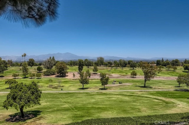 view of community featuring a lawn and a mountain view
