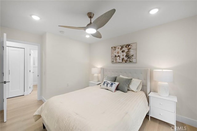 663 Via Los Altos Unit Q, Laguna Woods, CA 92637 - bedroom with light wood-style floors, baseboards, recessed lighting, and ceiling fan