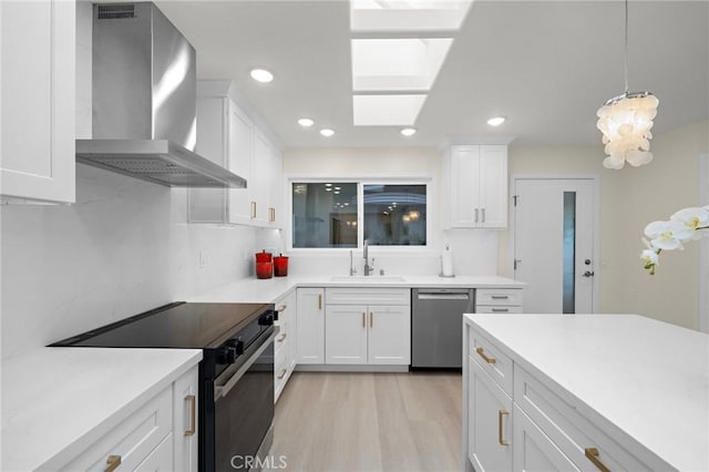 663 Via Los Altos Unit Q, Laguna Woods, CA 92637 - kitchen with dishwasher, black / electric stove, wall chimney exhaust hood, a sink, and white cabinetry