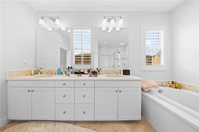 63 Birmingham, Irvine, CA 92620 - full bathroom with a shower stall, double vanity, and a bath