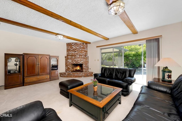living area featuring light colored carpet, a textured ceiling, a fireplace, and beamed ceiling