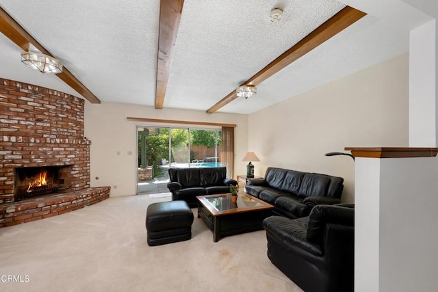 carpeted living room featuring a fireplace, a textured ceiling, and beamed ceiling