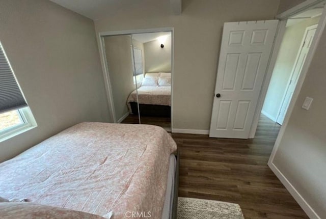 bedroom with baseboards, dark wood-type flooring, and a closet