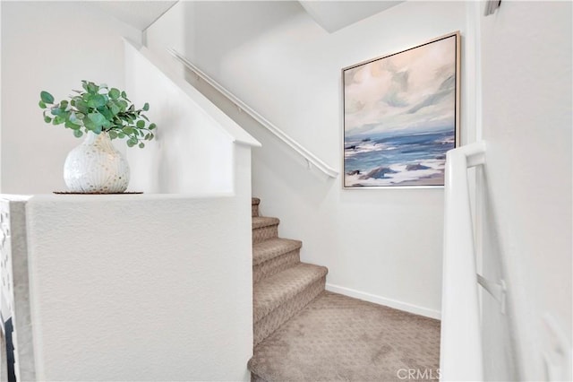 stairs featuring baseboards and carpet