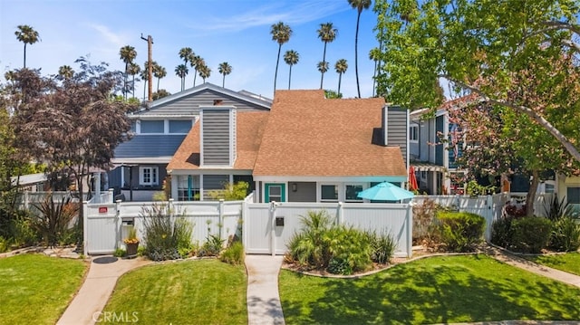 view of front of home with fence private yard, a shingled roof, and a front yard