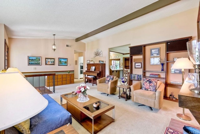 carpeted living room featuring lofted ceiling with beams, visible vents, and a textured ceiling