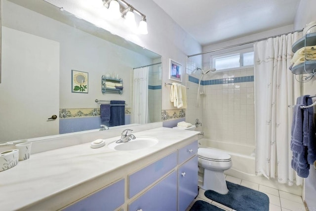 bathroom with vanity, toilet, shower / bathtub combination with curtain, and tile patterned floors