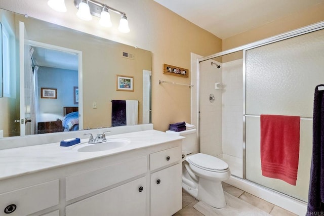 full bathroom with a stall shower, tile patterned flooring, connected bathroom, and visible vents