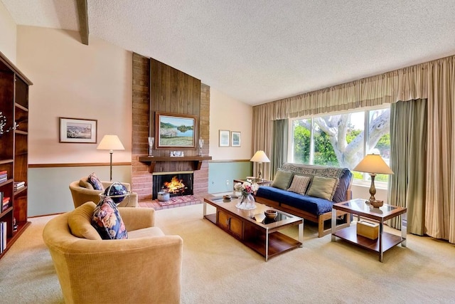 carpeted living room featuring a textured ceiling, a brick fireplace, and vaulted ceiling with beams
