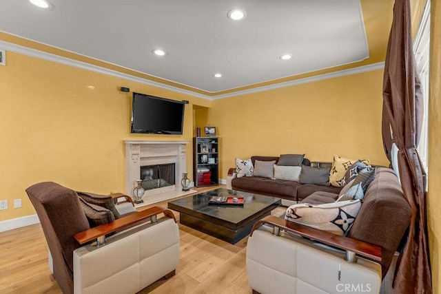 1344 5th St Unit 7, Glendale, CA 91201 - living room featuring ornamental molding, light wood-style flooring, a high end fireplace, baseboards, and recessed lighting