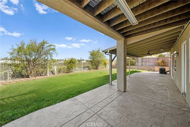 view of patio with a fenced backyard and a ceiling fan