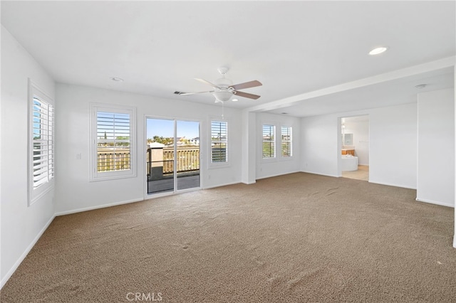 empty room featuring carpet, ceiling fan, baseboards, and recessed lighting