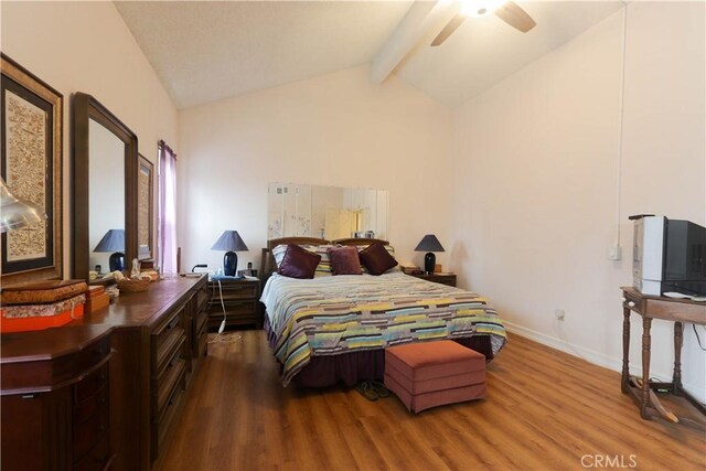 12592 Arlington Pl, Chino, CA 91710 - bedroom featuring beamed ceiling, wood finished floors, baseboards, high vaulted ceiling, and a ceiling fan