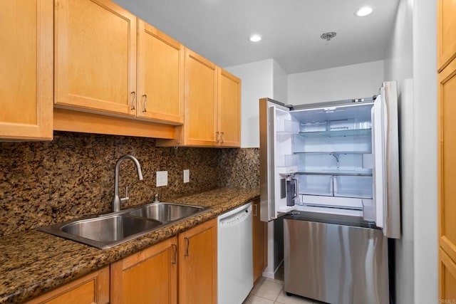 3890 Nobel Dr Unit 1706, San Diego, CA 92122 - kitchen with white dishwasher, a sink, decorative backsplash, light tile patterned flooring, and smart refrigerator