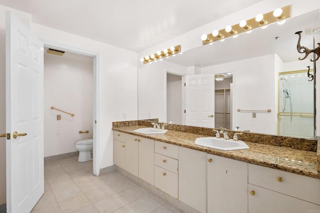 3890 Nobel Dr Unit 1706, San Diego, CA 92122 - bathroom featuring double vanity, baseboards, toilet, a stall shower, and tile patterned flooring