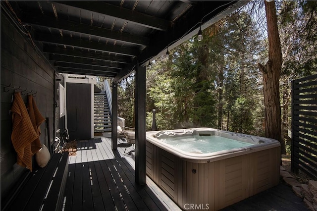 920 Oak Rd, Lake Arrowhead, CA 92385 - wooden deck with a hot tub and stairway