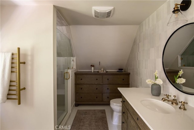 920 Oak Rd, Lake Arrowhead, CA 92385 - full bathroom featuring toilet, tile walls, radiator, vanity, and a shower stall