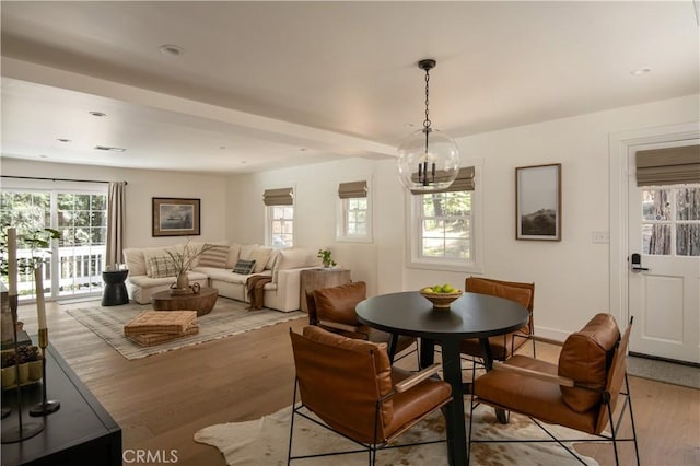 920 Oak Rd, Lake Arrowhead, CA 92385 - dining space with light wood-type flooring, a chandelier, and recessed lighting