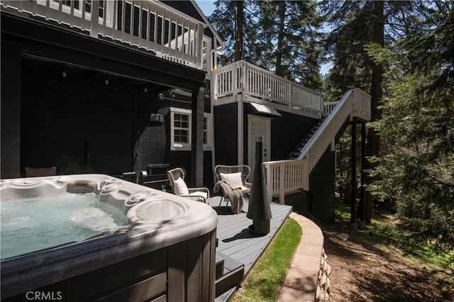 920 Oak Rd, Lake Arrowhead, CA 92385 - wooden terrace with a hot tub and stairway