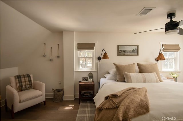 920 Oak Rd, Lake Arrowhead, CA 92385 - bedroom with ceiling fan, wood finished floors, visible vents, and multiple windows