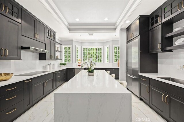 67 W Wistaria Ave, Arcadia, CA 91007 - kitchen featuring open shelves, black electric stovetop, ornamental molding, stainless steel built in refrigerator, and light marble finish floors