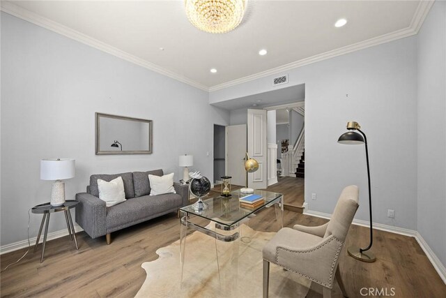 67 W Wistaria Ave, Arcadia, CA 91007 - living area featuring stairs, wood finished floors, baseboards, ornamental molding, and recessed lighting