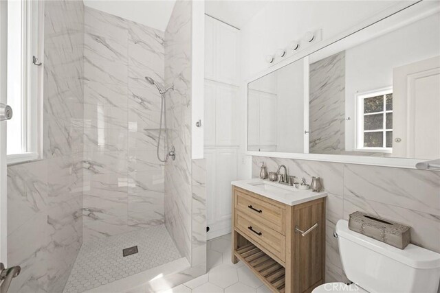 67 W Wistaria Ave, Arcadia, CA 91007 - bathroom with a marble finish shower, toilet, vanity, and tile patterned floors