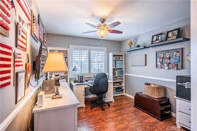 office with dark wood finished floors, baseboards, and ceiling fan
