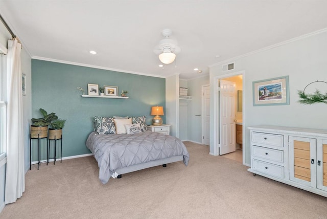 bedroom with crown molding, light colored carpet, visible vents, and recessed lighting