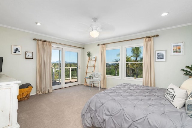 carpeted bedroom featuring multiple windows, access to outside, ornamental molding, and recessed lighting