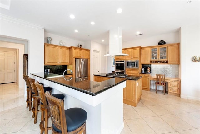 6312 Camino Marinero, San Clemente, CA 92673 - kitchen with stainless steel appliances, island range hood, light tile patterned floors, decorative backsplash, and recessed lighting