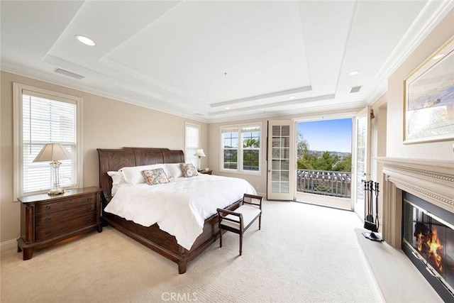 6312 Camino Marinero, San Clemente, CA 92673 - bedroom featuring a tray ceiling, ornamental molding, access to outside, light colored carpet, and recessed lighting