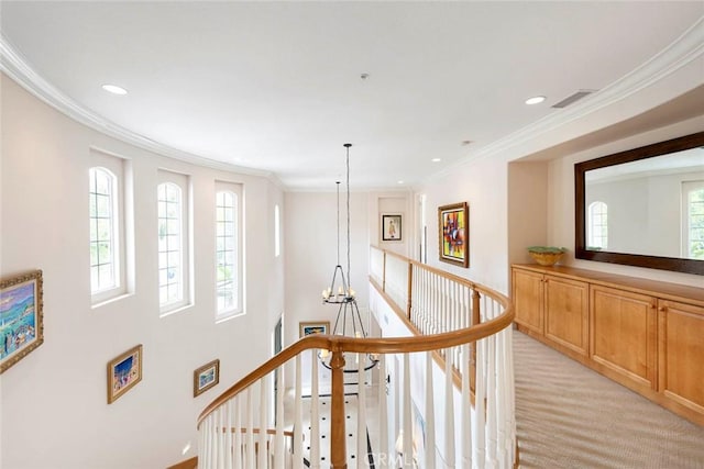 6312 Camino Marinero, San Clemente, CA 92673 - hall featuring an upstairs landing, ornamental molding, recessed lighting, light colored carpet, and a chandelier