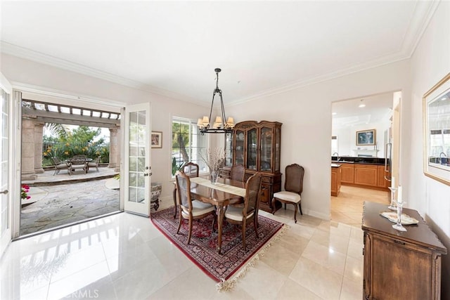 6312 Camino Marinero, San Clemente, CA 92673 - dining room with a chandelier, light tile patterned floors, and ornamental molding