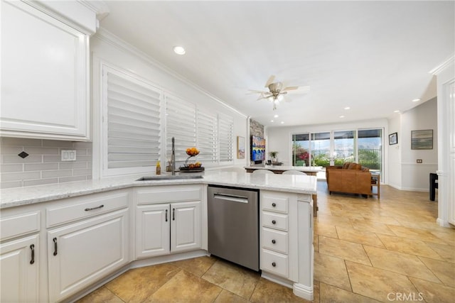 5530 Van Gogh Way, Yorba Linda, CA 92887 - kitchen with stainless steel dishwasher, decorative backsplash, open floor plan, white cabinetry, and ceiling fan