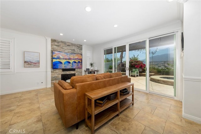 5530 Van Gogh Way, Yorba Linda, CA 92887 - living room featuring recessed lighting, ornamental molding, and a fireplace