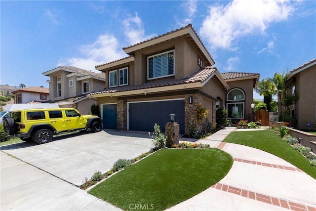 5530 Van Gogh Way, Yorba Linda, CA 92887 - mediterranean / spanish-style house with a garage, a tiled roof, stucco siding, and concrete driveway