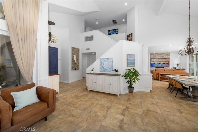 5530 Van Gogh Way, Yorba Linda, CA 92887 - foyer with a chandelier, a towering ceiling, stairs, and recessed lighting