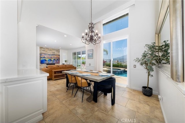 5530 Van Gogh Way, Yorba Linda, CA 92887 - dining space featuring a chandelier, a towering ceiling, and recessed lighting
