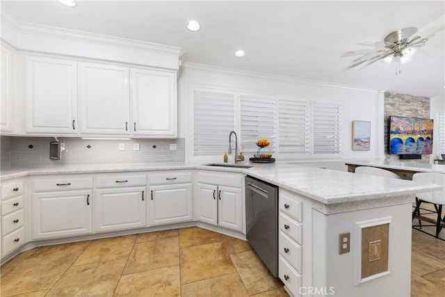 5530 Van Gogh Way, Yorba Linda, CA 92887 - kitchen with stainless steel dishwasher, crown molding, a peninsula, white cabinetry, and recessed lighting