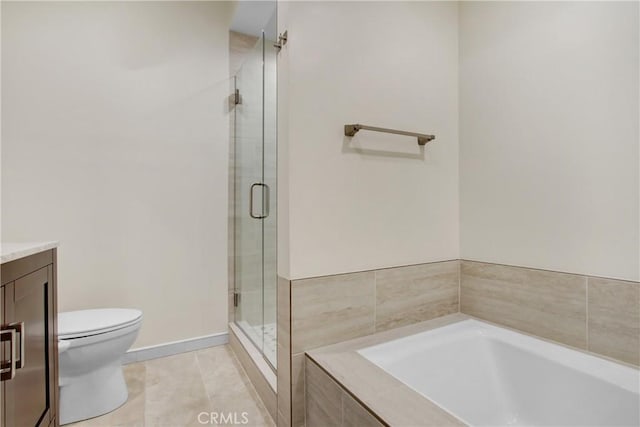 bathroom with a bath, toilet, tile patterned flooring, and a stall shower