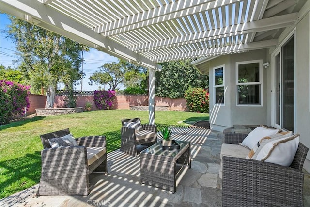 view of patio with a pergola, a fenced backyard, and an outdoor living space