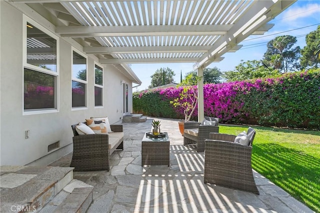 view of patio with a pergola and outdoor lounge area