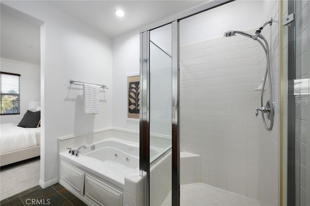 full bathroom with a tub with jets, ensuite bathroom, a shower stall, and recessed lighting